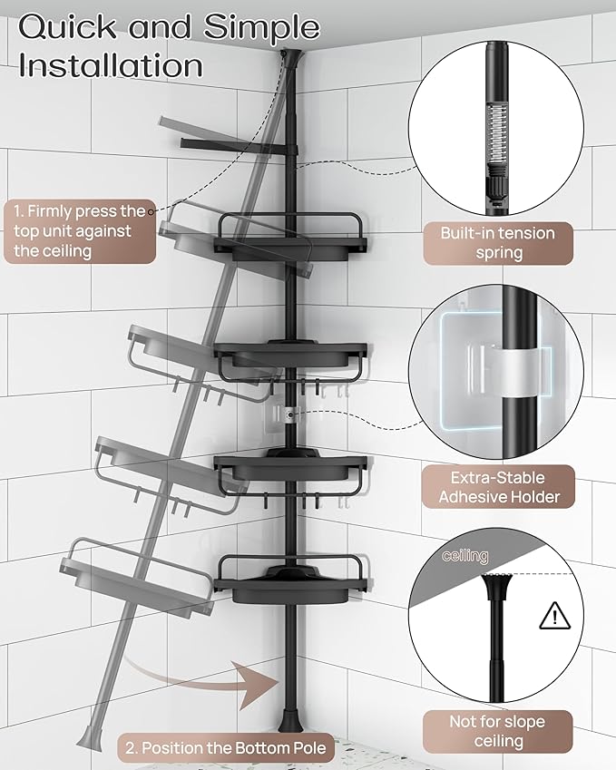 ALLZONE Corner Shower Caddy Tension Pole, Extendable Rustproof Stainless Steel Pole & 4-Tier Adjustable Shelves for Easy Drainage and Built-to-Last Stability, 34 to 116 Inches, Black