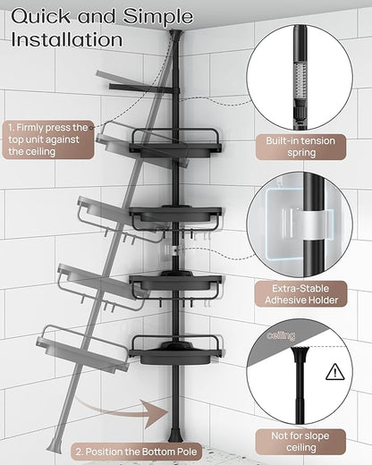ALLZONE Corner Shower Caddy Tension Pole, Extendable Rustproof Stainless Steel Pole & 4-Tier Adjustable Shelves for Easy Drainage and Built-to-Last Stability, 34 to 116 Inches, Black