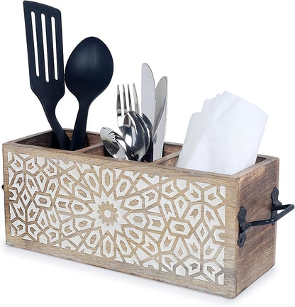 Wooden Utensil Caddy for Kitchen Countertop 3-Slot , Multi-Purpose Wooden Desk Organizer Work Desk, Bathroom, Cutlery Caddy, Office Supplies Organizer – 11 X 4.5 Inches