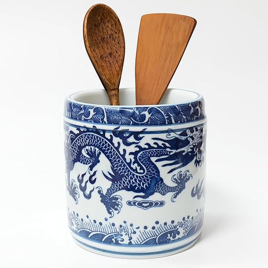 Kitchen Utensil Holder for Kitchen Countertop, Cooking Utensils Holder, Large Utensil Crock, Ceramic Spatula Holder for Counter, Blue and White Tool Holder