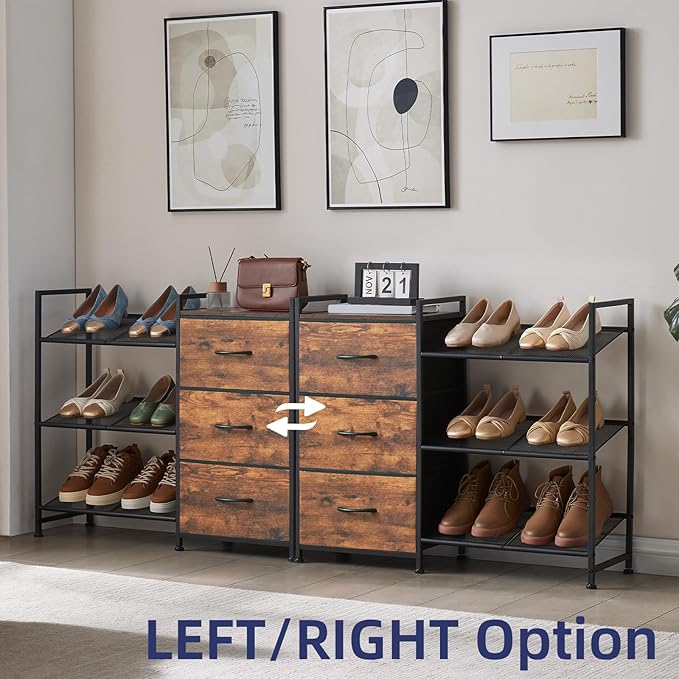 Somdot Shoe Rack, 3 Tier Shoe Organizer with 3 Drawers, Metal Shoe Storage Shelf for 6-9 Pairs of Shoes with Fabric Shelves and Wooden Top, Narrow Shoe Rack for Entryway, Wood Grain Print
