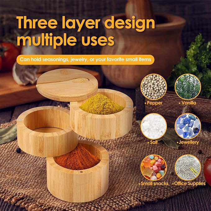 Bamboo Triple Salt Cellar, Salt Cellar with Magnetic Swivel Lid and Spoon, Salt and Pepper Bamboo Container, Large Capacity Salt Container for Sea Salt Coffee Seasoning