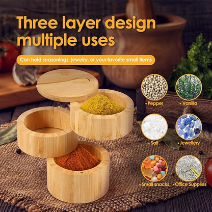 Bamboo Wood Salt Cellar, 3 Tier Round Salt Container with Swivel Magnetic Lid, Large Salt Spice Box with Spoon, Bamboo Wood Storage Box to Storage Pepper, Table Salt, Gourmet Salts, Spice