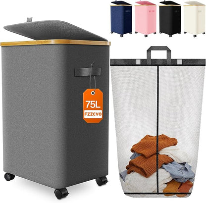 Laundry Hamper with Wheels, 75L Large Clothes Hamper with Removable Inner Bag, Collapsible Dirty Clothes Basket for Dorm, Rolling Dirty Clothes Basket for, Bedroom, Bathroom, Laundry Room