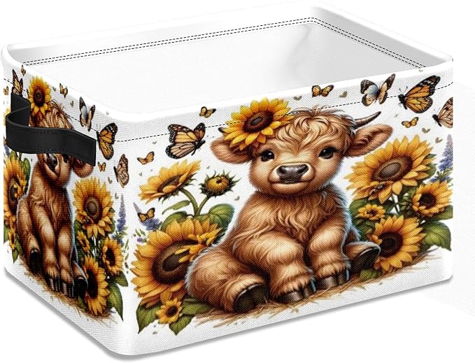 Highland Cow Sunflower Butterfly Storage Basket Large Foldable Storage Bin Cube Collapsible Organizer for Pantry Bedroom Decor
