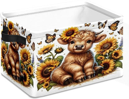Highland Cow Sunflower Butterfly Storage Basket Large Foldable Storage Bin Cube Collapsible Organizer for Pantry Bedroom Decor