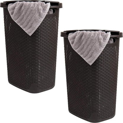 Mind Reader Slim Laundry Hamper with Lid, 60L Tall Clothes Basket, Narrow Tapered Design for Bathrooms, Closets and Laundry Rooms, Plastic, 2 Pack, Brown