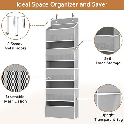 Kaitiemoo 1 Pack 5-Tier Over the Door Organizer, Heavy-Duty Large Deep Pocket Hanging With 5 Large Front & 6 Side Pockets With for Pantry, Kitchen, Bathroom, Dorm, Grey