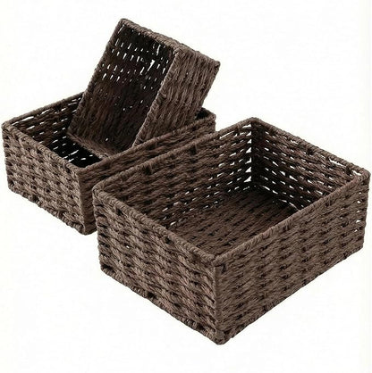 Small Wicker Basket for Organizing, Woven Storage Basket Set of 3 - Handwoven Natural Paper Rope Baskets to Declutter Any Room, Perfect for Organizing and Home Decor (Coffee)