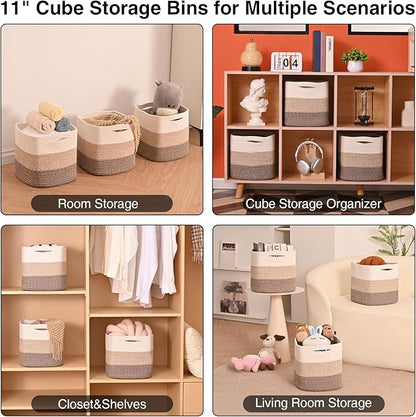 11 Inch Cube Storage Bins, Organizing Bins for Cube Organizer, Storage Baskets for Organizing, Woven Storage Basket for Shelves, Cotton Rope Baskets for Storage, Gradient Brown (Pack of 3)
