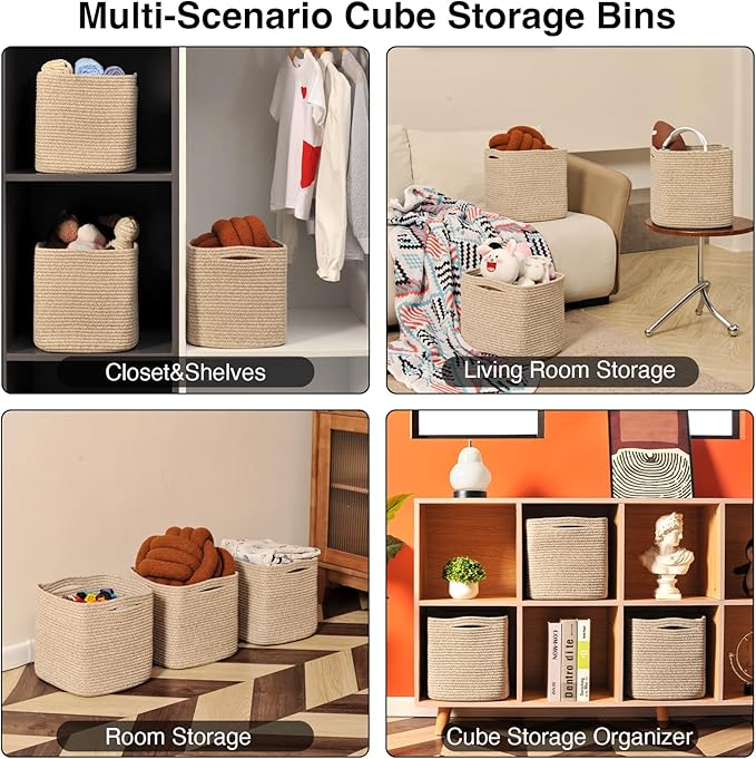 ICERZCZ 11 Inch Cube Storage Bins, Storage Cube Organizer Bins, Woven Cotton Rope Baskets for Storage, Storage Basket for Organizing Shelves, Square Baskets for Toys Nursery, Brown (Pack of 3)