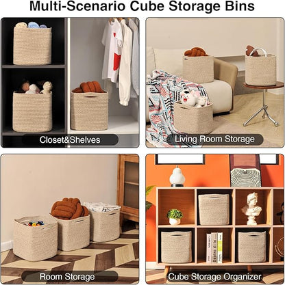 ICERZCZ 11 Inch Cube Storage Bins, Storage Cube Organizer Bins, Woven Cotton Rope Baskets for Storage, Storage Basket for Organizing Shelves, Square Baskets for Toys Nursery, Brown (Pack of 3)