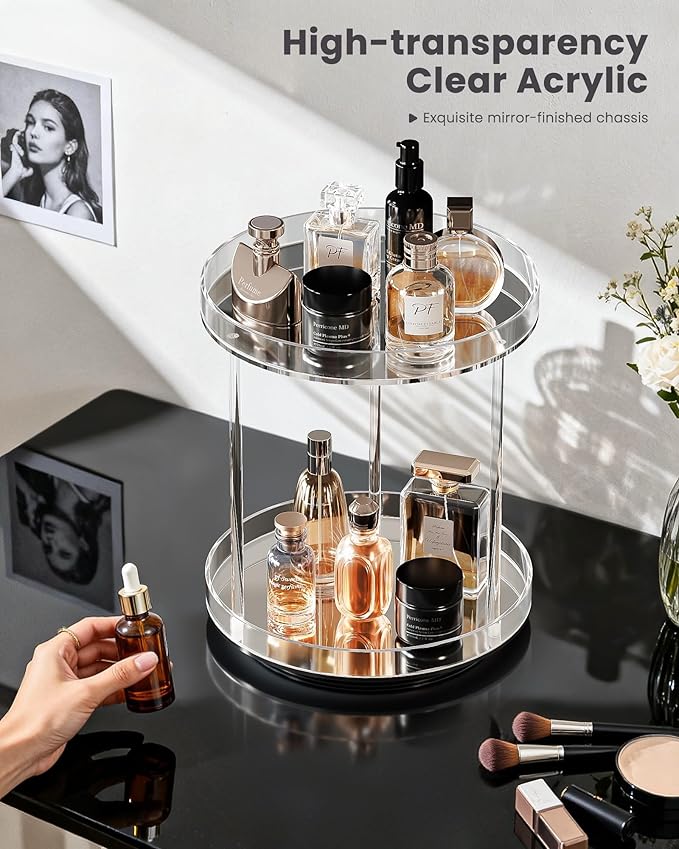 Lolalet 360 Degree Rotating Acrylic Perfume Organizer Stand, 2 Tiers Clear Perfumes Holder Display Rack, Makeup Skincare Organization for Vanity Bathroom Countertop -Medium, Clear