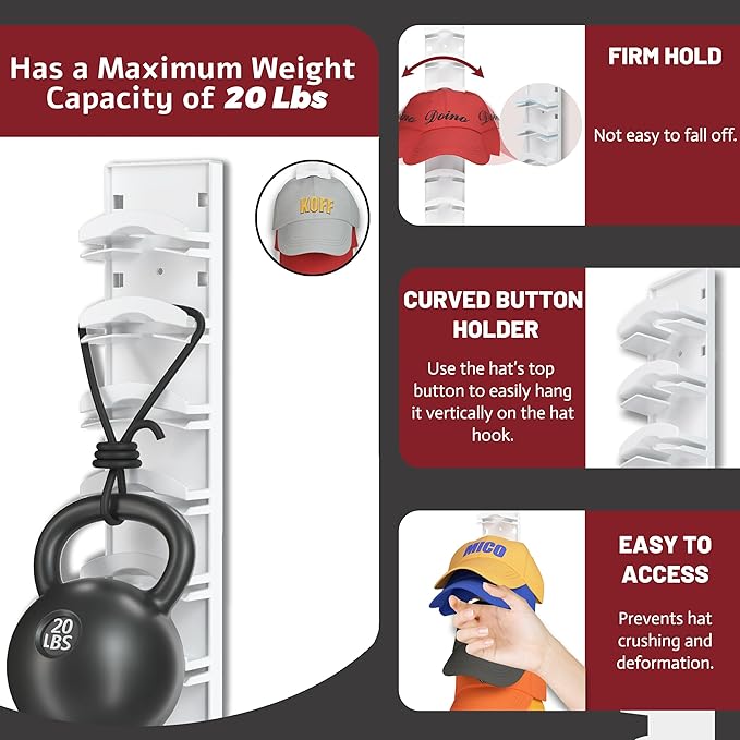 Hat Organizer Hold up to 20 Hats, 2 Pack Hat Rack for Wall with Strong Adhesive, Hat Organizer for Baseball Caps Display for Door Closet, Hat Hanger Holder Multilayer Two Mounting Option(White)