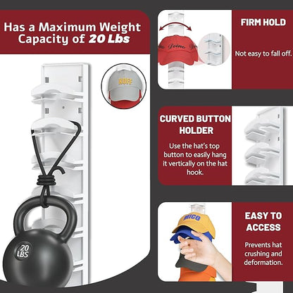 Hat Organizer Hold up to 20 Hats, 2 Pack Hat Rack for Wall with Strong Adhesive, Hat Organizer for Baseball Caps Display for Door Closet, Hat Hanger Holder Multilayer Two Mounting Option(White)