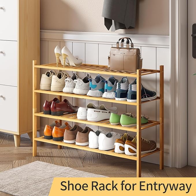 Long Shoe Rack, 4-Tier Bamboo Stackable Shoe Shelf Storage Organizer, Shoe Stand for Closet, Entryway and Hallway