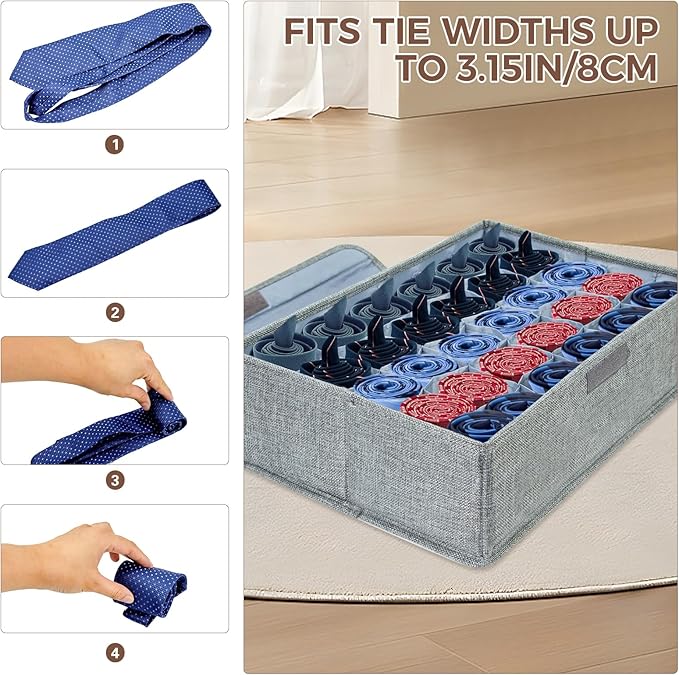 PINGMIC Gray Sock Organizer Divider 3 Pack with Lid - 30 Cell Foldable Closet Storage, Tie Organizer For Men Boxes for Socks, Ties, Belts