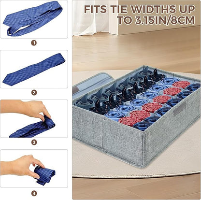 PINGMIC Gray Sock Organizer Divider 2 Pack with Lid - 30 Cell Foldable Closet Storage, Tie Organizer For Men Boxes for Socks, Ties, Belts