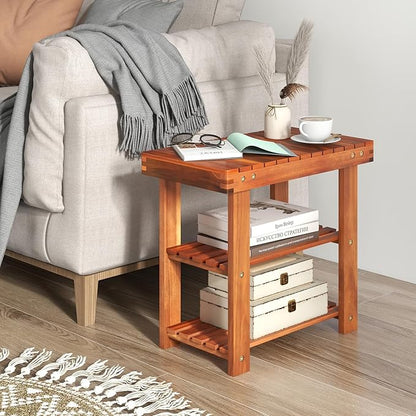 Tangkula Acacia Wood Shoe Rack Bench, 3 Tier Sturdy Bench, Storage Organizer, Holds up to 180lbs for Entryway, Bedroom, Living Room, Balcony, Teak Color (19-inch)