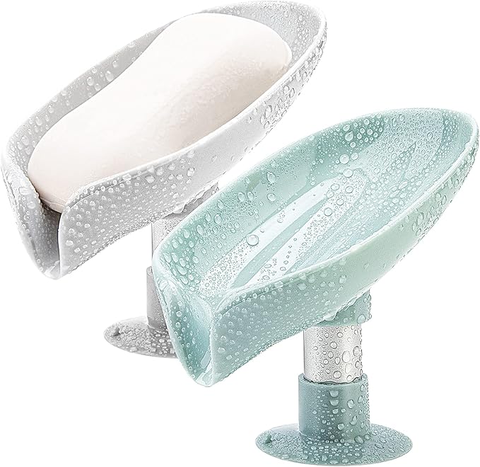 2Pack Soap Holder Leaf-Shape - Self Draining Soap Dish Holder, Not Punched Easy Clean Bar Soap Holder, with Suction Cup Soap Dish Suitable for Shower, Bathroom, Kitchen Sink (Grey + Green)