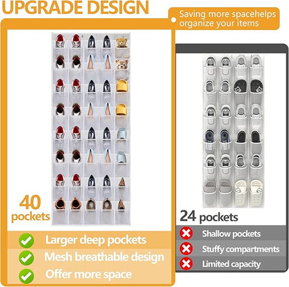 Over the Door Shoe Organizer, 40 Large Mesh Pockets Hanging Shoe Rack Organizer for Closet Behind The Door Storage Holder for Entryway Bedroom Dorm White