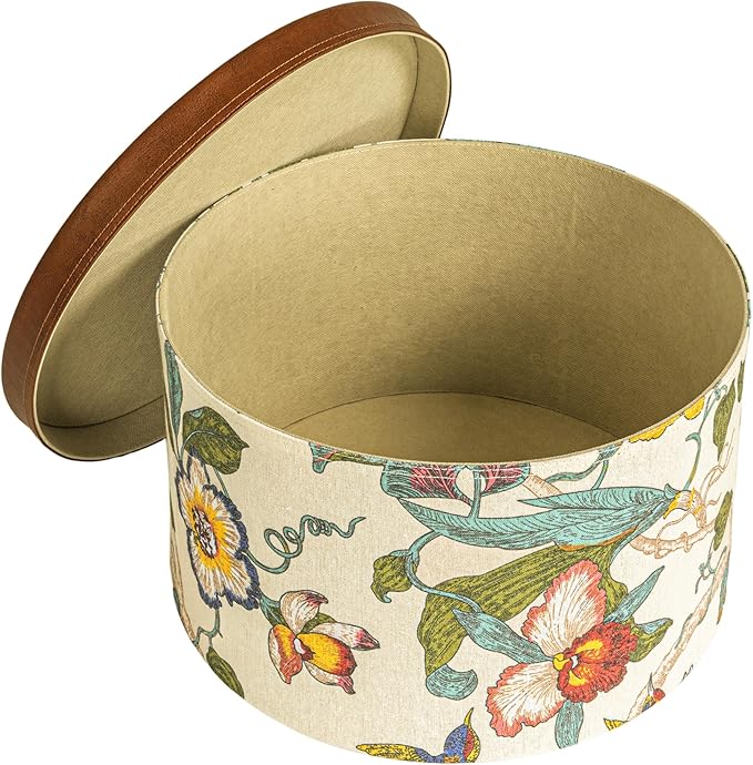 Household Essentials Floral Nestable Hat Boxes with Faux Leather Lids, Multicolor, Set of 3