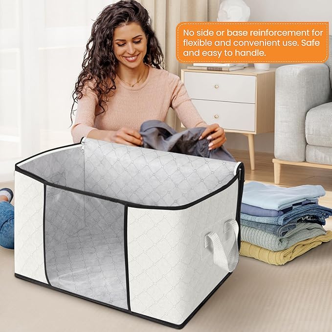 Fab totes 24 Gallons Clothes Storage, Foldable Thick Fabric Blanket Storage Bags, Containers for Organizing Bedroom, Closet, Clothing, Comforter, Organization with Handle (10 Pack,Ivory)