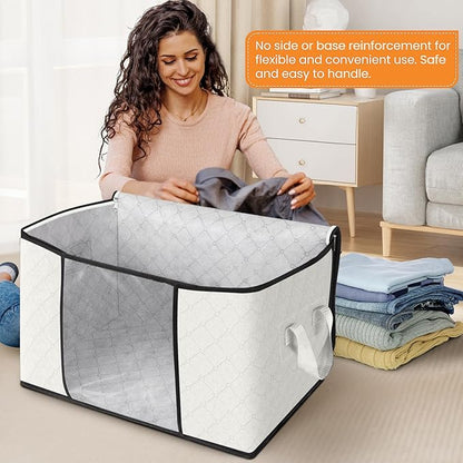 Fab totes 24 Gallons Clothes Storage, Foldable Thick Fabric Blanket Storage Bags, Containers for Organizing Bedroom, Closet, Clothing, Comforter, Organization with Handle (3 Pack,Ivory)