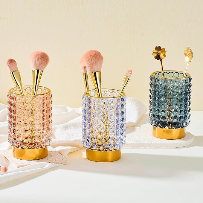 Makeup Brush Holder Organizer,Toothbrush Holders,Desk Pen Pencil Holder,Multifunctional Vintage Glass Brush Cup(A38-13-US/Light Purple/L)