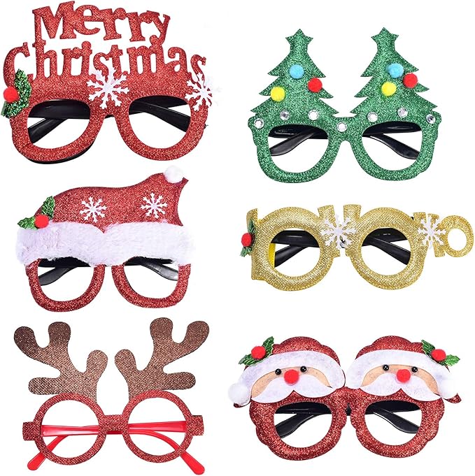 Callenbach Christmas Glasses Frame Glitter Eyewear Decoration Xmas Costume Creative Eyeglasses for Holiday Party Favors, Assorted Styles 6 Pieces