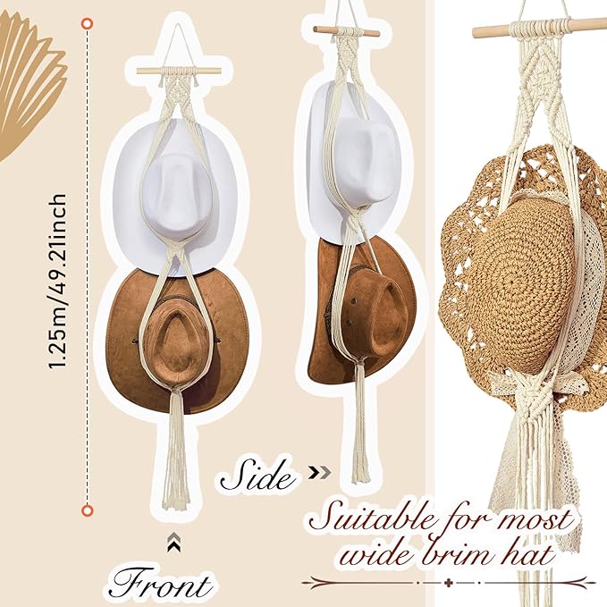 Yulejo Macrame Hat Hangers Racks Boho Cowboy Hats Holders Western Display Organizer Storage decor Back of Door for Wall(White,Two Hats Style)