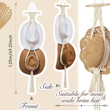 Yulejo Macrame Hat Hangers Racks Boho Cowboy Hats Holders Western Display Organizer Storage decor Back of Door for Wall(White,Two Hats Style)