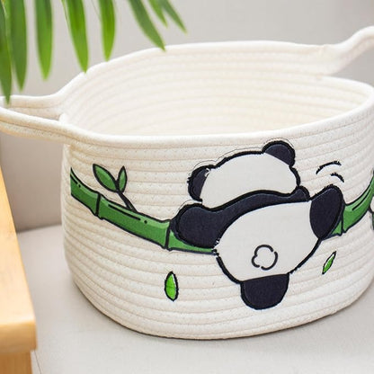 SHCMSADO Cute Panda Cotton Rope Storage Basket – Round Toy Basket with Handles, Delicate and Durable Shelf Organizer for Toys, Clothes, Closet, 10.63 x 7.08 Inches, White