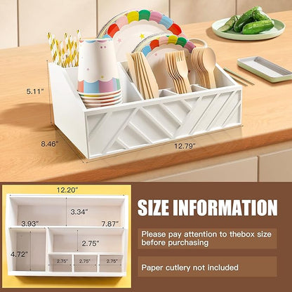 Paper Plate Dispenser with 6 Compartments – Wooden Utensil & Silverware Caddy Holder for Party, BBQ, Camping – Disposable Cutlery Organizer for Kitchen Countertop or Buffet Station, White