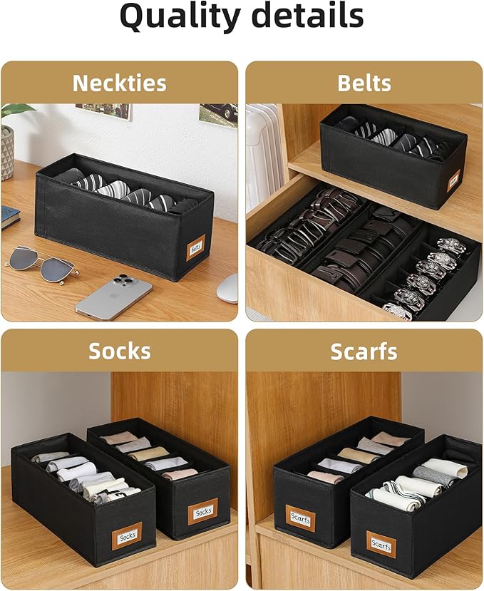 4 PCS Belt Organizer for Closet, 6 Grids Belt Holder, Washable Belt Box, Foldable Tie Organizer for Men, Belt Storage for Drawer (Black, card window)