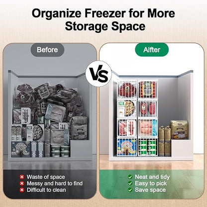 MSERCUOR Freezer Organizer Bins, 2 Pack Stackable Deep Chest Freezer Organizer Bins, Foldable Baskets with Handles, White Storage Container Baskets for 5/ 7 Cu.FT Sort Frezen Meats