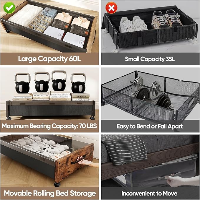 Under Bed Storage with Wheels, Underbed Shoe Storage Containers, Under the Bed Storage Drawers with Lid, Wooden Rolling Blankets Clothes Storage Metal Drawer for Bedroom Dorms Room (Walnut 2pack)