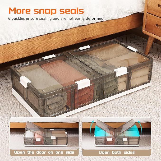 Under Bed Storage Containers with Wheels - Stackable, Foldable Plastic Storage Boxes with Lids for Clothes, Shoes, Blankets - Perfect for Bedroom Organization and Dorms (2 Pack-25.2''x16.5''x7.1'')