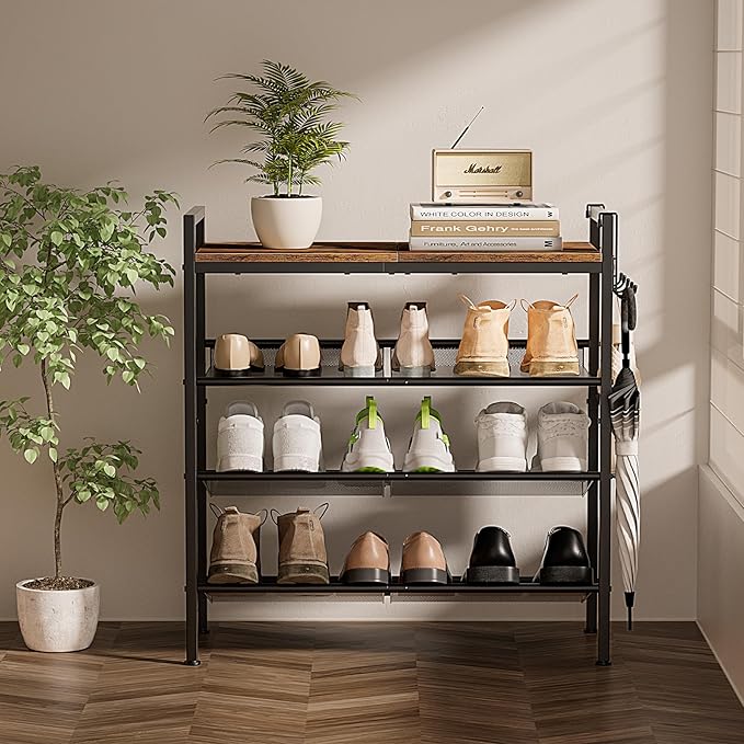 4 Tier Shoe Rack, Shoe Rack for Entryway with Hook, Shoe Organizer with Adjustable Mesh Shelves, Metal Shoe Storage, Closet, Bedroom Living Room Garage