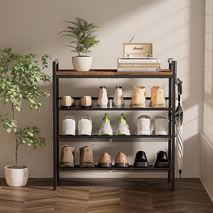 4 Tier Shoe Rack, Shoe Rack for Entryway with Hook, Shoe Organizer with Adjustable Mesh Shelves, Metal Shoe Storage, Closet, Bedroom Living Room Garage