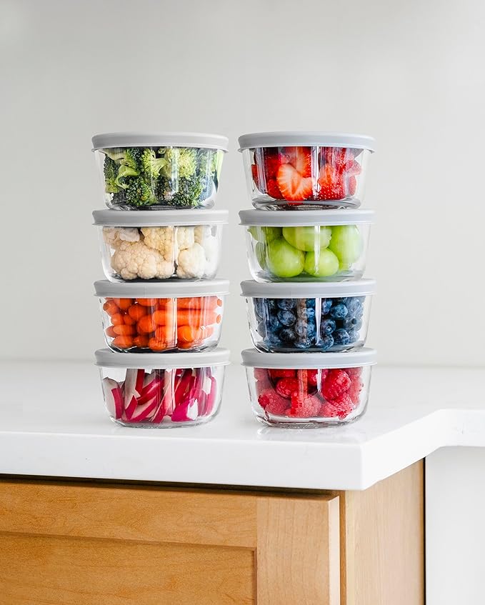 16-Piece Glass Food Storage Containers Set (8 Containers + 8 BPA-Free Lids) | 1-Cup, Leakproof | Microwave, Freezer, Oven & Dishwasher Safe | Ideal for Meal Prep & Pantry Organization, Grey