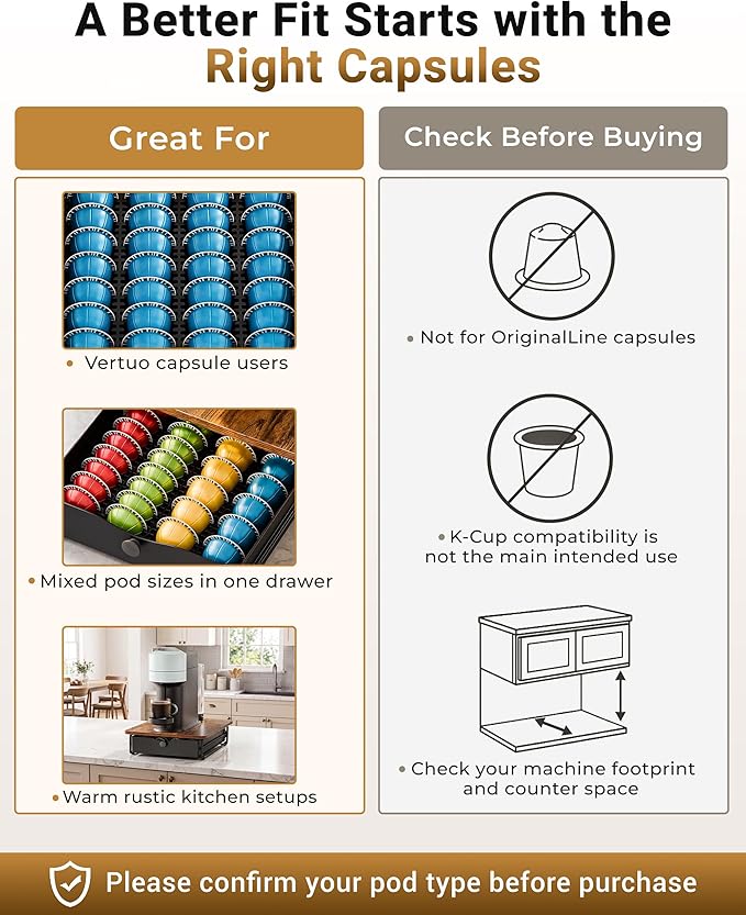 EVERIE Coffee Pod Holder Drawer, Compatible with Nespresso Vertuo Capsules, Holds 40 Large or 52 Small Pods, Flexible Slots for 4 Capsule Sizes, Rustic Brown Countertop Organizer, 15.6" Dx13 Wx3.7 H