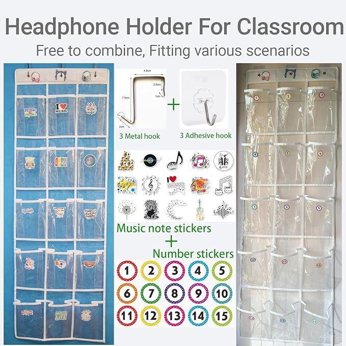 Headphone Storage Classroom, Over The Door Hanging Headphone Holder for Classroom with 15 PVC Clear Pocket Chart, Cell Phones Calculators Organizer