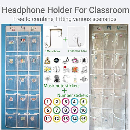 Headphone Storage Classroom, Over The Door Hanging Headphone Holder for Classroom with 15 PVC Clear Pocket Chart, Cell Phones Calculators Organizer