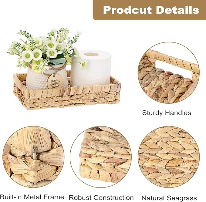Bathroom Vanity Tray, Water Hyacinth Narrow Counter Tray with Handles, Decorative Woven Organizer Trays for Toilet Tank, Shelves, Farmhouse Hand Towels Basket Holder for Storage (Small)