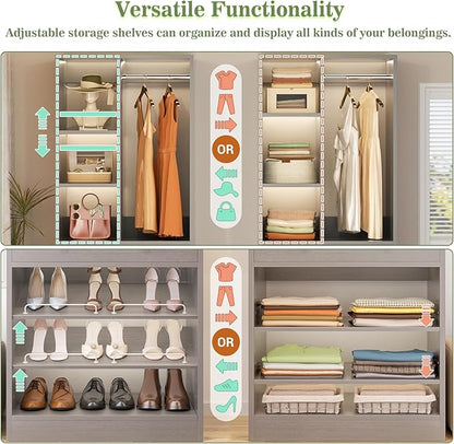Besiost Closet System, 4.2–8.8 FT Closet Organizer with 2 Wooden Drawers and Shelves, Walk-in Closet System with 5 Hang Rods, Built-in Reach in Closet Tower, Can Fit 60 to 96 inch, Morandi Grey