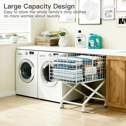 Rolling Laundry Basket with Wheels - 27" Elevated Wire Laundry Hamper, 80L Sturdy Metal Laundry Cart, 10-Min 8-Screw Assembly, Ergonomic No-Bending Mobile Clothes Bin for Laundry Room (White)