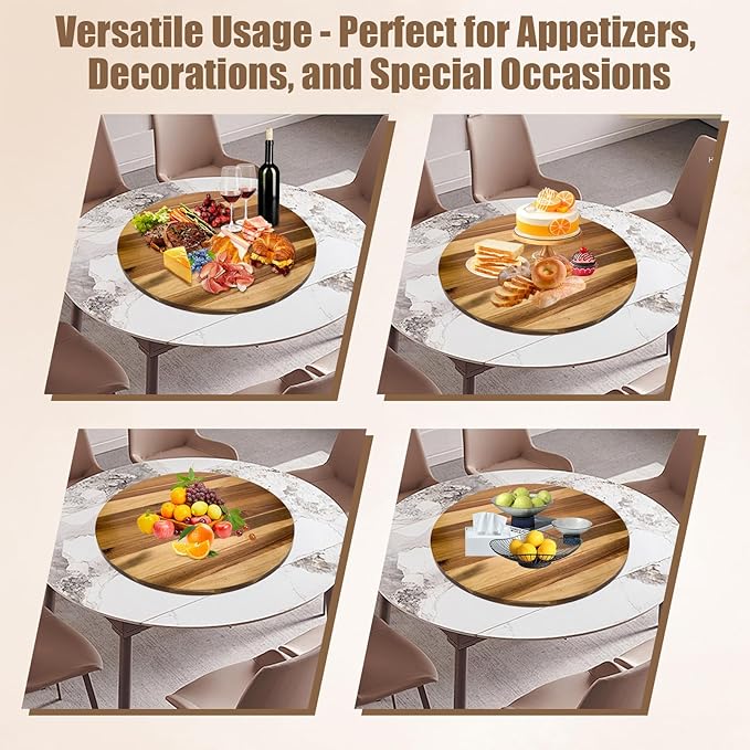 26'' Acacia Wooden Lazy Susan with 360 Rotation for Dining Table Top,Extra Large Wooden Serving Tray with Heavy Duty Rotating Wheel for Kitchen,Dining Table