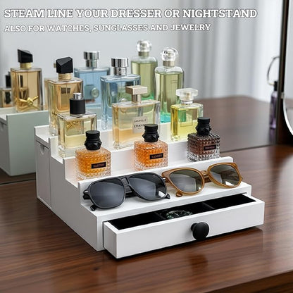 Wooden Cologne Organizer for Men 4 Tier | White Perfume Holder Shelf for Dresser | High Grade Velvet Lining and Stylish Gift Box | Uncluttered Design Perfume Display Stand