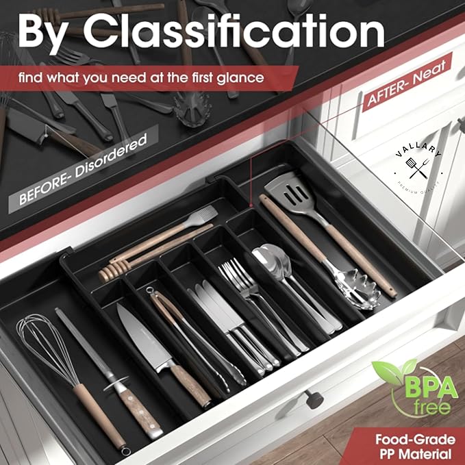 Vallary Expandable Silverware Drawer Organizer – Large BPA-Free Utensil Tray for Kitchen | Adjustable Cutlery Holder for Spoons, Forks, Knives | Plastic Flatware Storage, Black